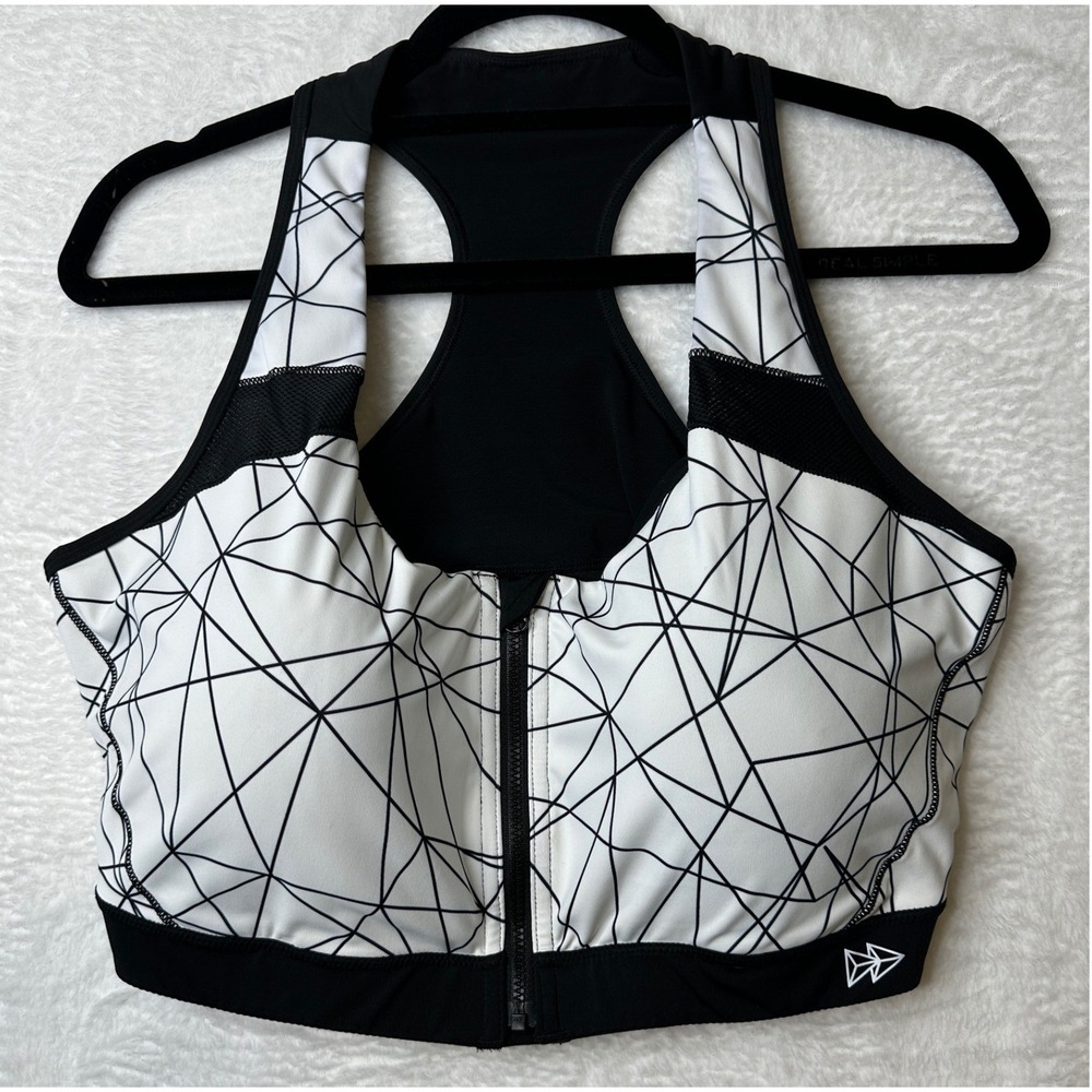 Yvette Front Zip High Impact Sports Bra Geometric Black White Racerback 48D-F